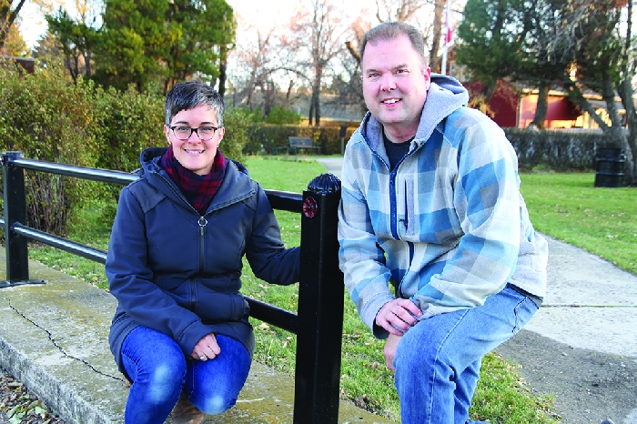 Clay and Ami Leduc put in a lot of hours over the summer restoring the cast iron fence at the Moosomin Cenotaph, along with Clays mother Dolores Skow. The fence was formerly painted silver and many people didnt notice the decorative poppies on the fence, also in silver. Now the fence has been restored, the poppies have been painted red and the fence has been painted black.